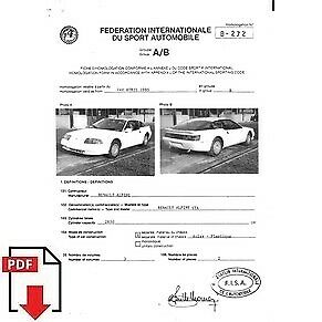 1985 Alpine Renault GTA FIA homologation form PDF download (F.I.S.A.)